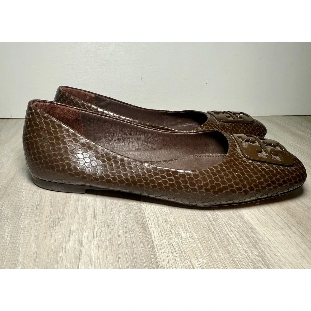 Tory Burch Brown Snake Embossed Leather Logo Medallion Ballet‎ Flats Womens 5.5